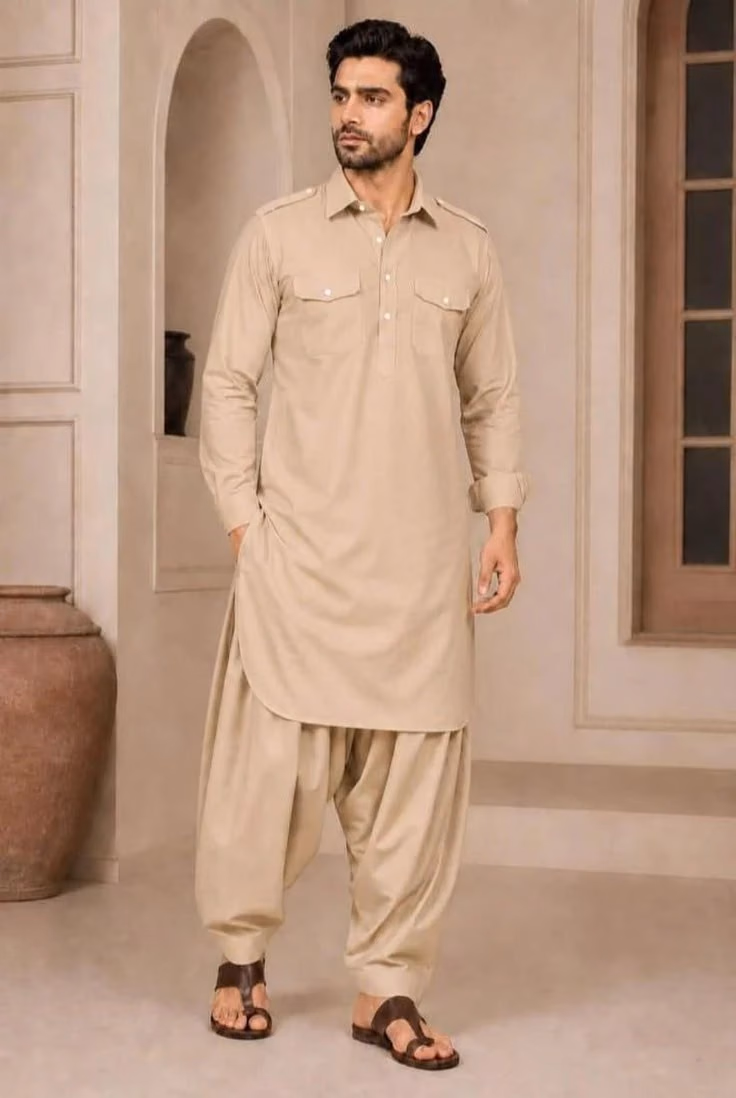 Model wearing a desert beige kabli set with pajama