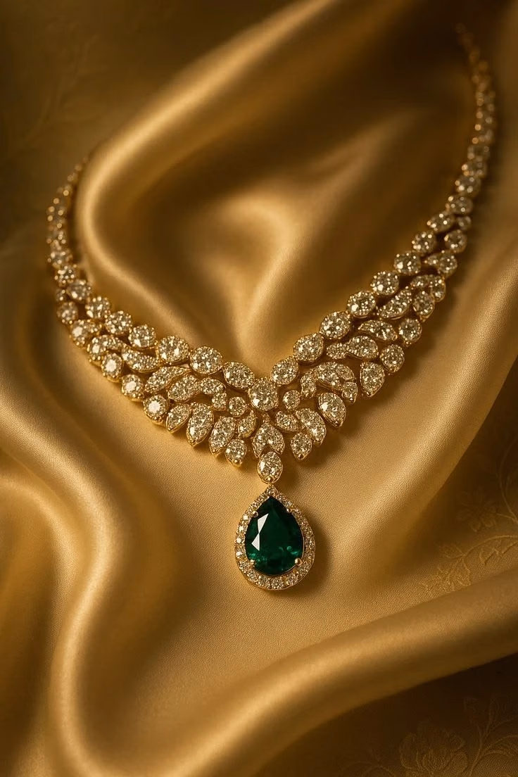 Gold necklace with emerald drop pendant on golden silk