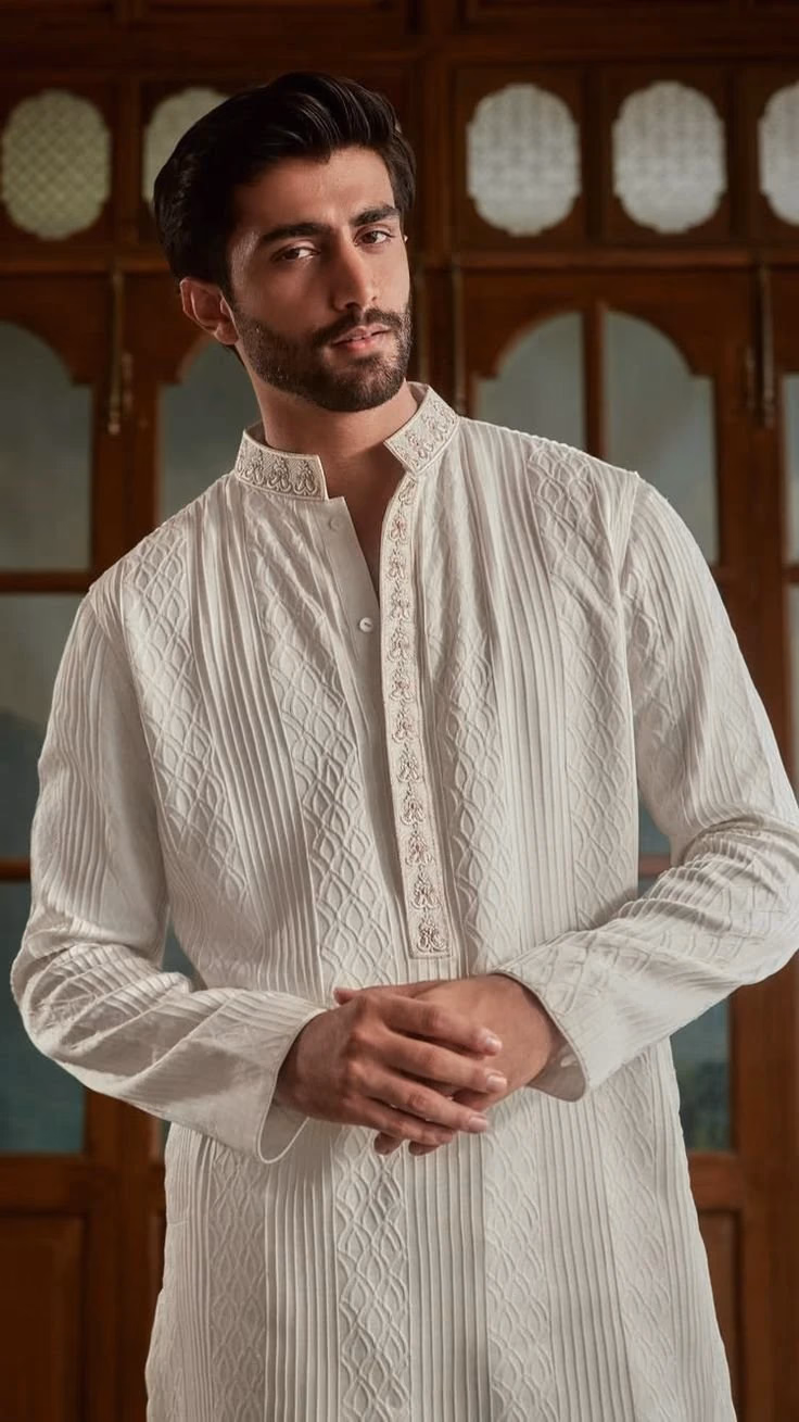 Model wearing an ivory chikankari embroidered panjabi
