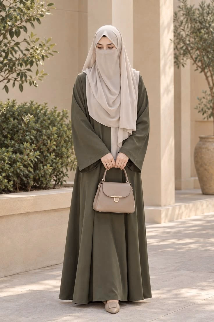 Model wearing an olive niqab abaya set