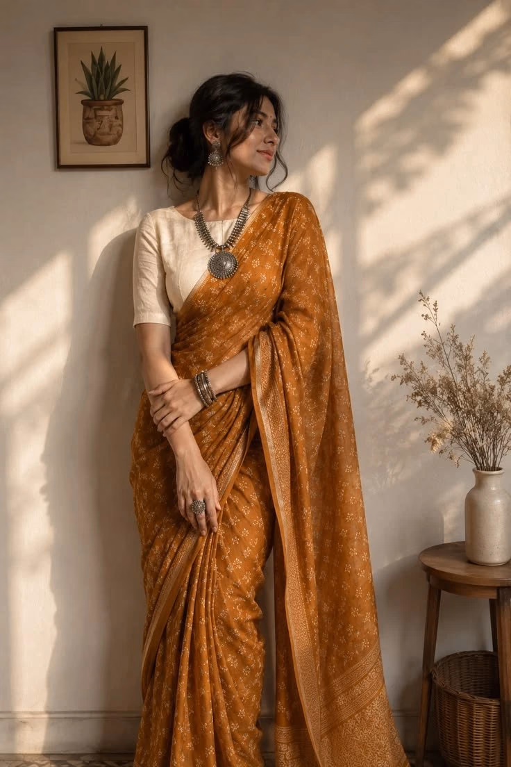 Model draped in a rust coloured handloom saree