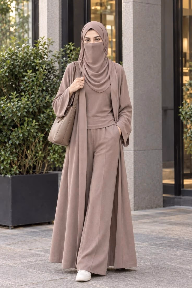 Model wearing a taupe modest niqab and abaya set