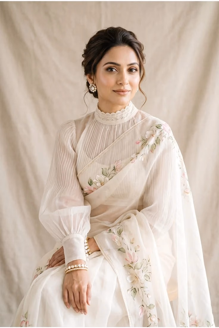 Model wearing a white magnolia saree with delicate floral embroidery